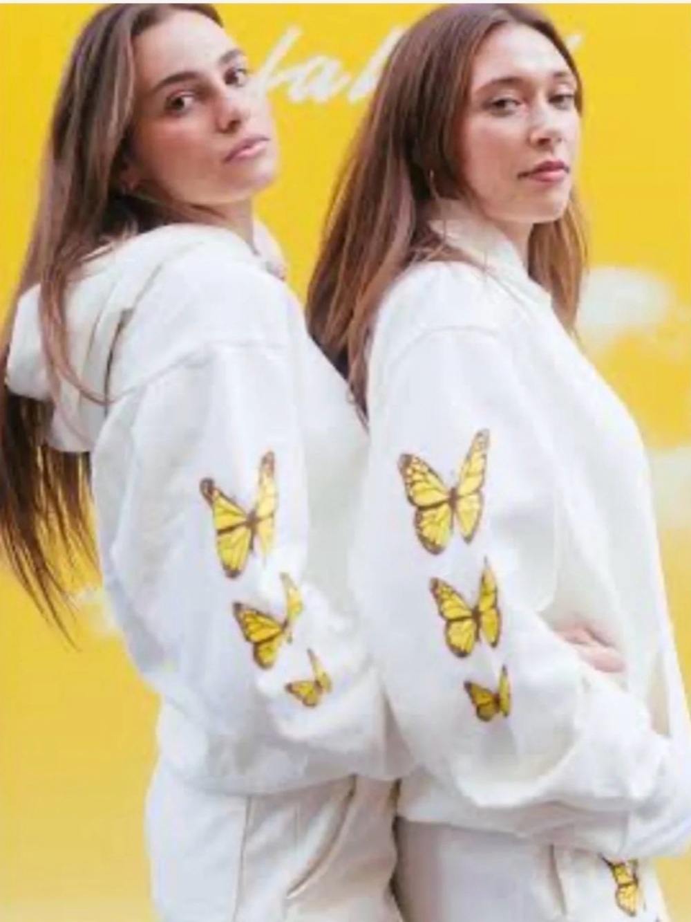 White Hoodie Sweater with Yellow Butterfly Sleeve Accents